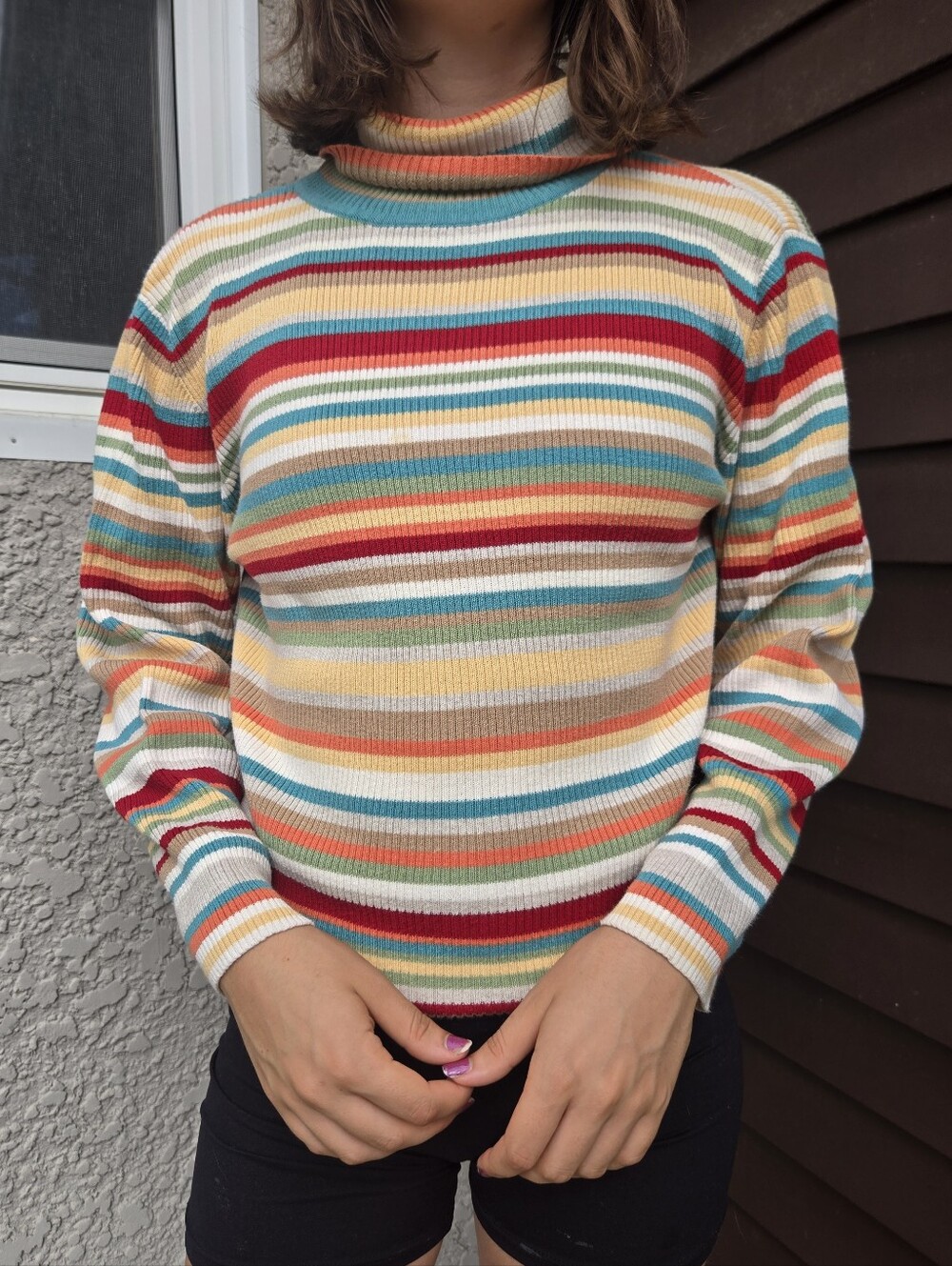 Women's Vintage Multicolor Rainbow Ribbed Stripe Turtleneck Knit Sweater Large